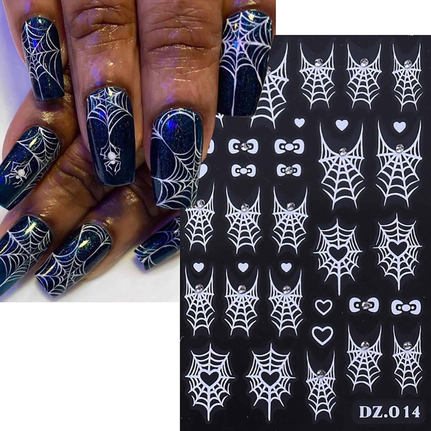 Halloween Nail Art Stickers Decals Metal Spider Web Nail Decals Rhinestone Design 4PCS 3D Self-Adhesive White Laser Black Gold Spiderweb Nail Slider Sticker Holiday DIY Manicure Supplies for Women