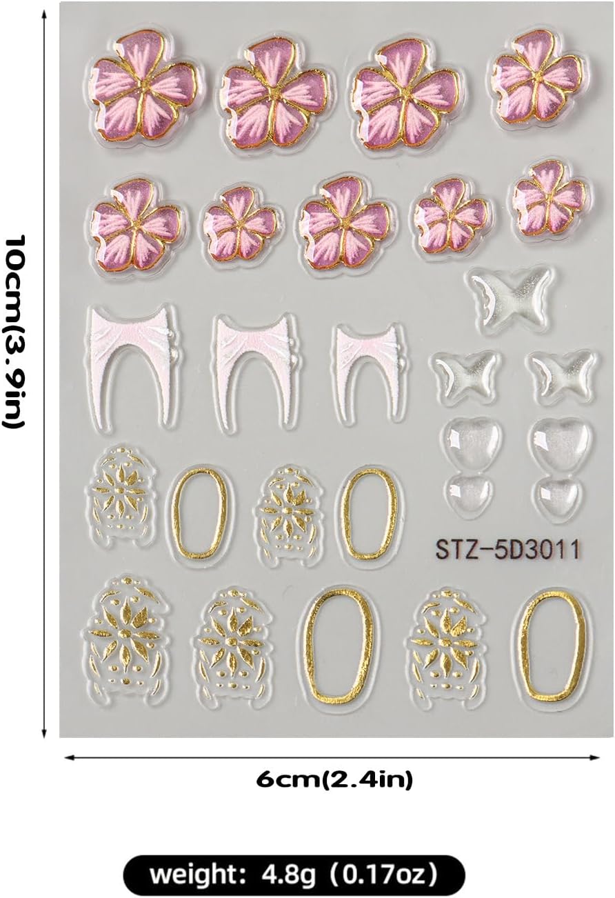 Stickers para Uñas Nail Stickers Self-Adhesive Sticker Gold Pink 3D Flower Embossed Calcomanías para Uñas Colorful Floral Art Design Accessories Hight Quality 3 Sheets