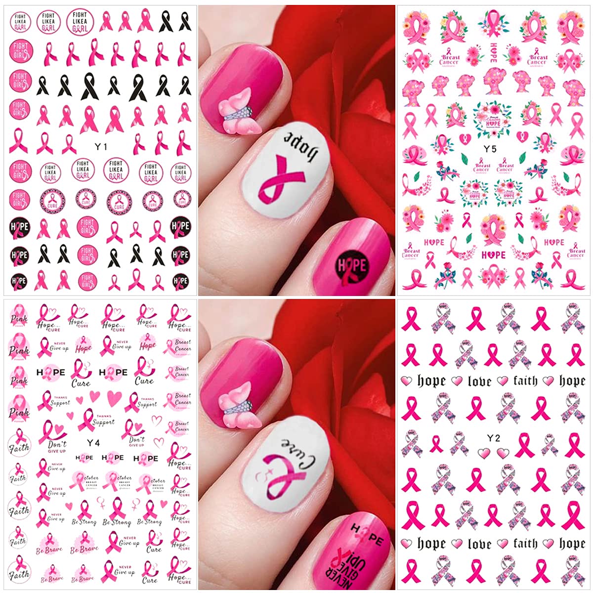 6 Sheets Breast Cancer Nail Art Stickers 3D Self-Adhesive Nail Decals Pink Ribbon Nail Stickers Heart Breast Cancer Awareness Nail Decoration for Women Girls DIY Manicure Tips Nail Charms