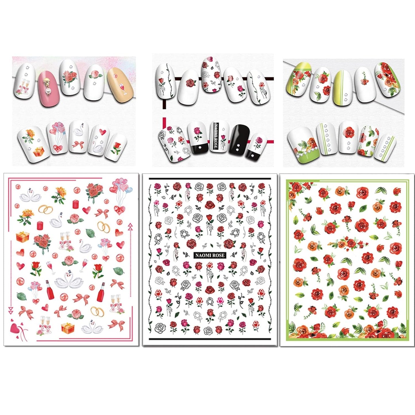 TailaiMei 12 Sheets Valentine's Day Nail Stickers, Self-Adhesive DIY Nail Art Decals, Design for kiss Love Hug (982 Pcs)