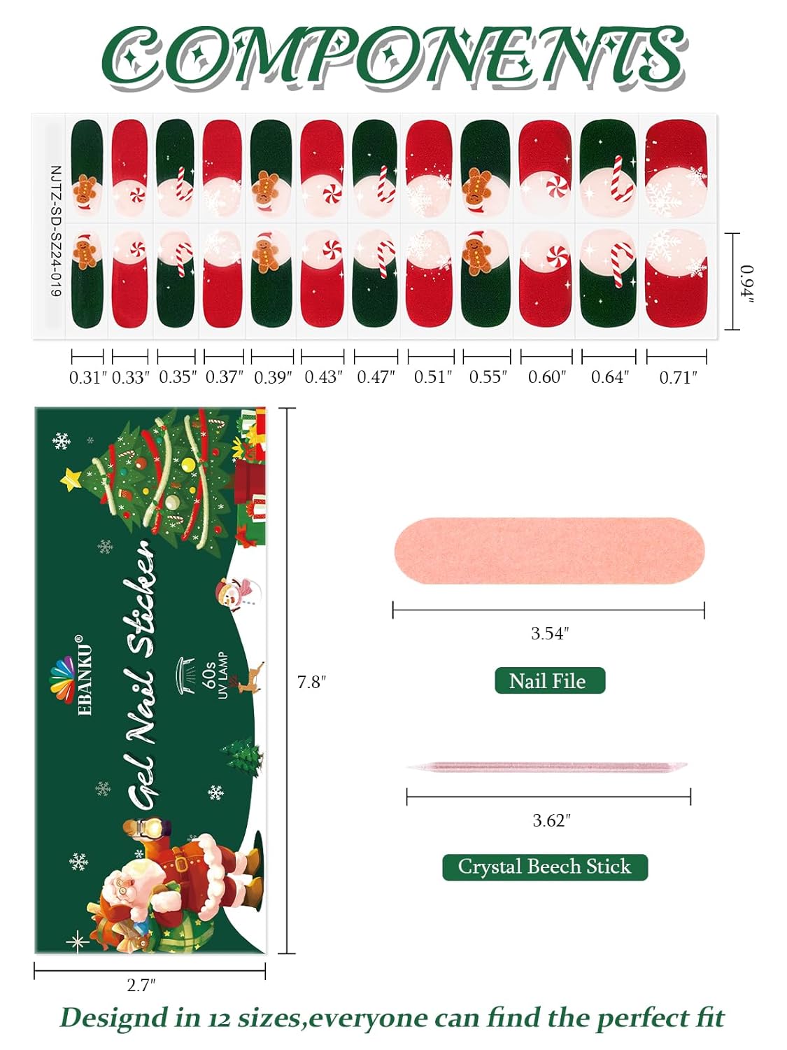 EBANKU 24PCS Semi-Cured Gel Nail Strips - French Snowflakes Candy Gingerbread Man Gel Nail Art Sticker Stickers with Nail File