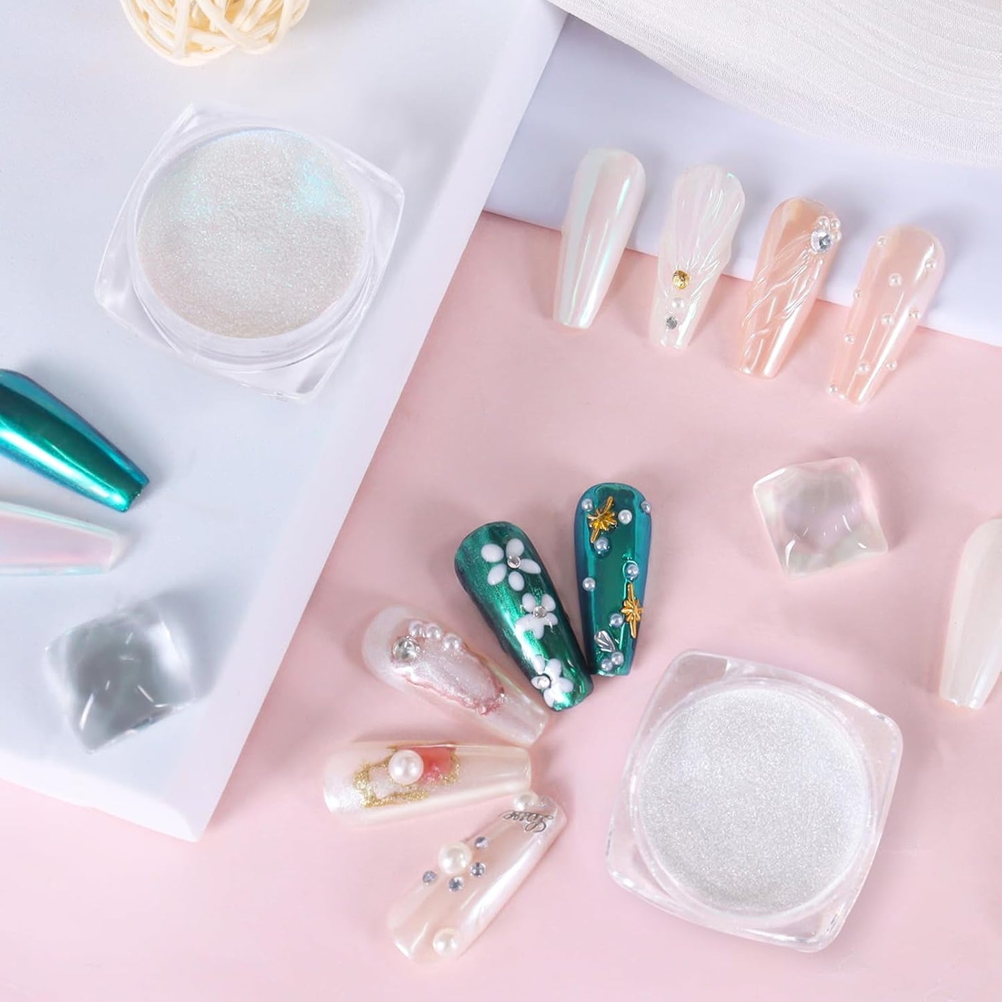 Allstarry White Pearl Chrome Nail Powder, 2 Colors Aurora Powder Metallic Mirror Effect Glitter Powder Pearlescent Ice Transparent Mermaid Pigment Dust for Gel Polish Nail Art- White Pearl Peacock
