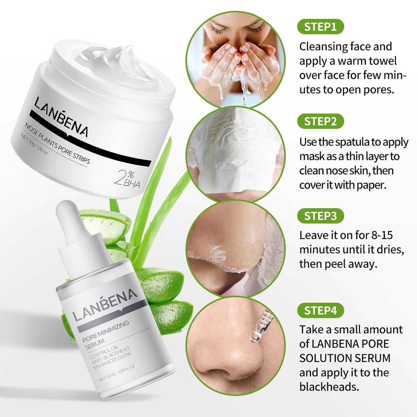 LANBENA 3 in 1 Blackhead Removing Set, Pore Strips+Pore Solution Serum+Removal Strip Paper, Black Head Remover Mask for Face, Pore Minimizer & Reducer for Face, Leaving Your Skin Fresh and Clean