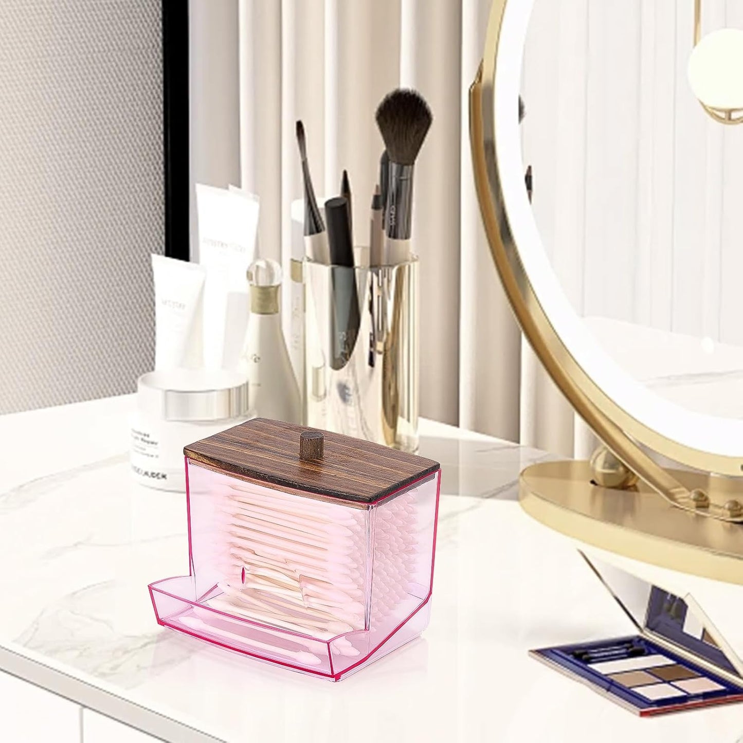 Tbestmax 10oz Qtip Dispenser, Big Cotton Swab Holder Pink Bathroom Accessories Organizer for Storage - Qtips Cotton Ball, Floss Container (Wood Lid)