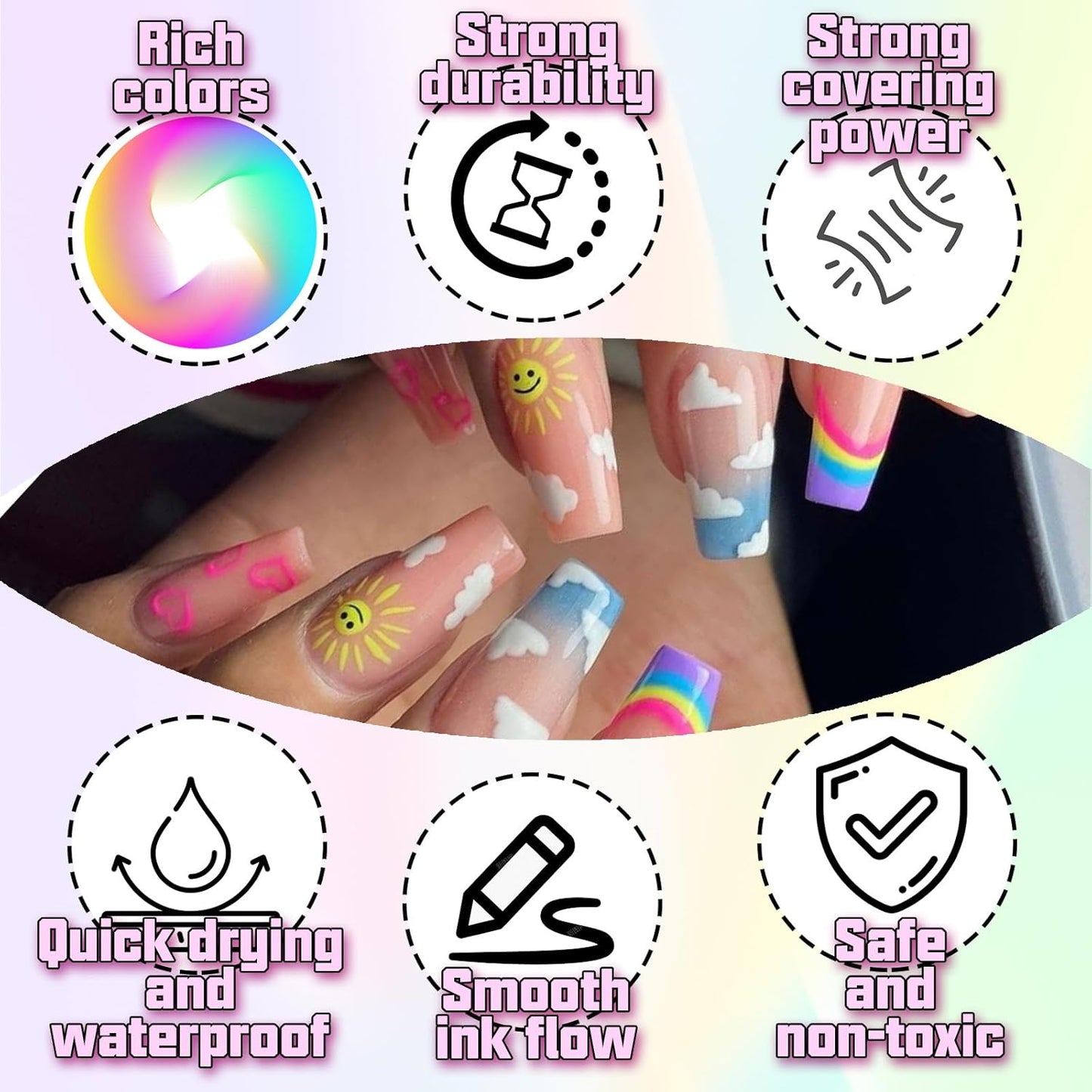 Nail Art Pens, 16 Colors Acrylic Nail Paint Pens Kit Quick Drying, 3D Gel Nail Polish Pen Graffiti Dotting Drawing Painting Liner Manicure for Home and Salon DIY