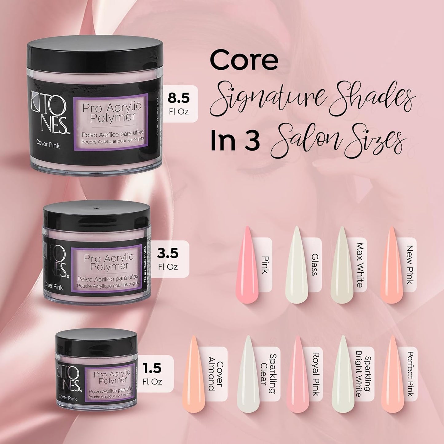 Tones Pro Acrylic Nail Powder, Cover Pink (Soft Nude Pink), (3.5 Fl Oz) - Long-Lasting & Non-Yellowing Polymer for Salon Quality Nail Extensions & 3D Art