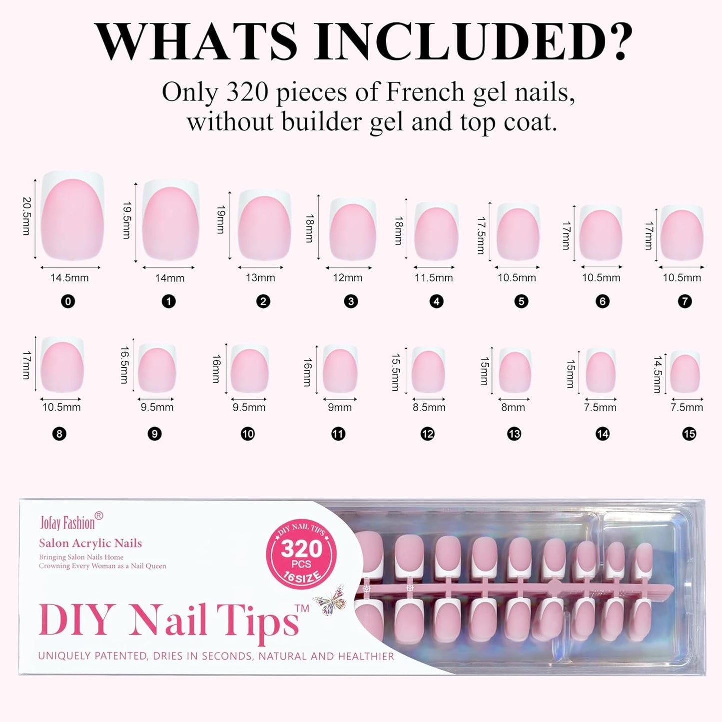 French Gel Nail Tips - Jofay Fashion Short French Tip Press on Nails, 10-Piece Set 320Pcs Pink Square Nail Tips, Pre-applied Tip Primer & Base Coat, No Need to File Fake Nails for Nail Art, 16 Sizes