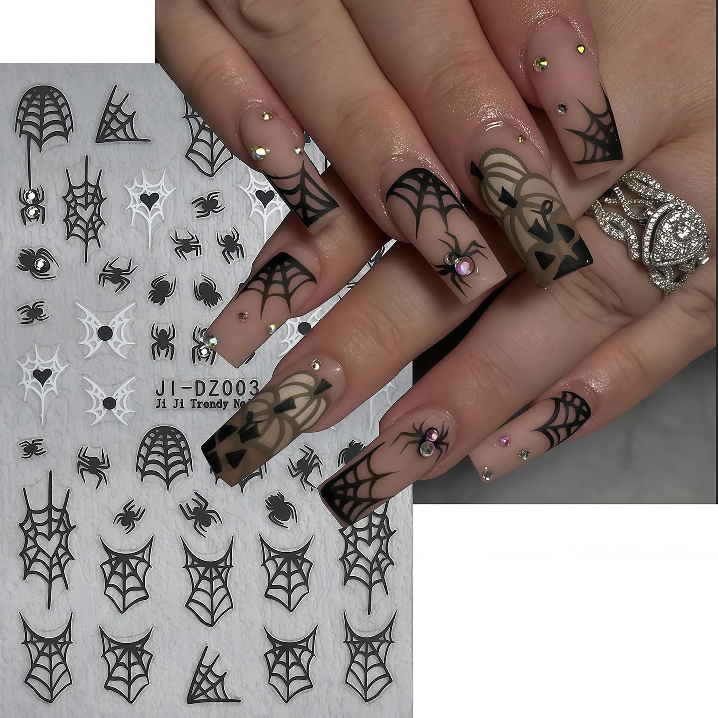 Halloween Nail Art Stickers Ghost Nail Decals Shiny Crystal Diamonds Rhinestones Spider Web Spooky Spider Nail Art Design Stickers Cute Fall Holiday Manicure Decoration for Salon Acrylic Nails