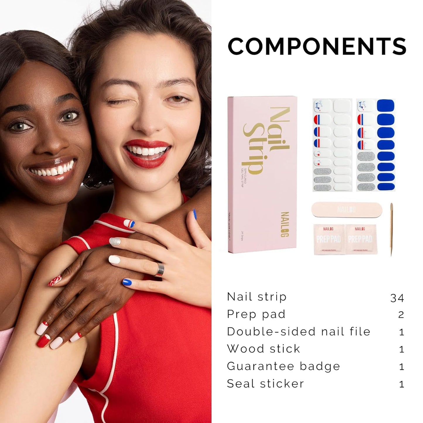 NAILOG Semi Cured Gel Nail Strips - 34 pcs | Buy 2 Get 1 UV Lamp | Long Lasting Nail Polish Sticker Wraps with Glossy Gel Finish, Bonjour