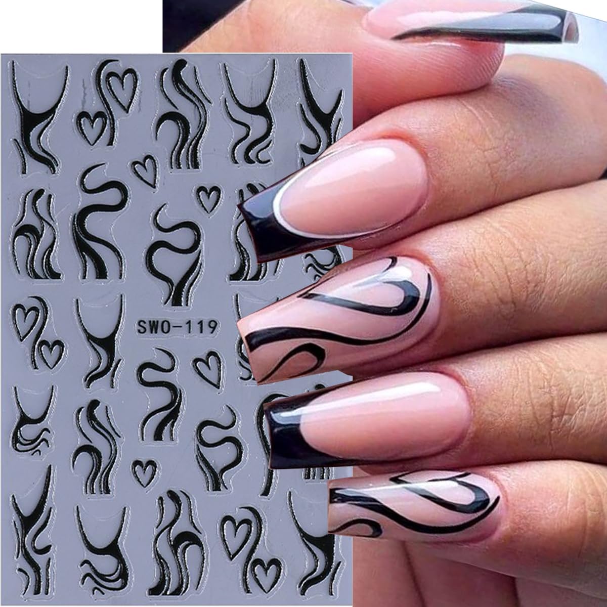Line Nail Stickers 3D Self Adhesive Nail Art Stickers French Nail Decals Irregular Lines Black White Heart Design Cute Nails Sticker for Nails Art for Women Decoration Salon Manicure Supplies