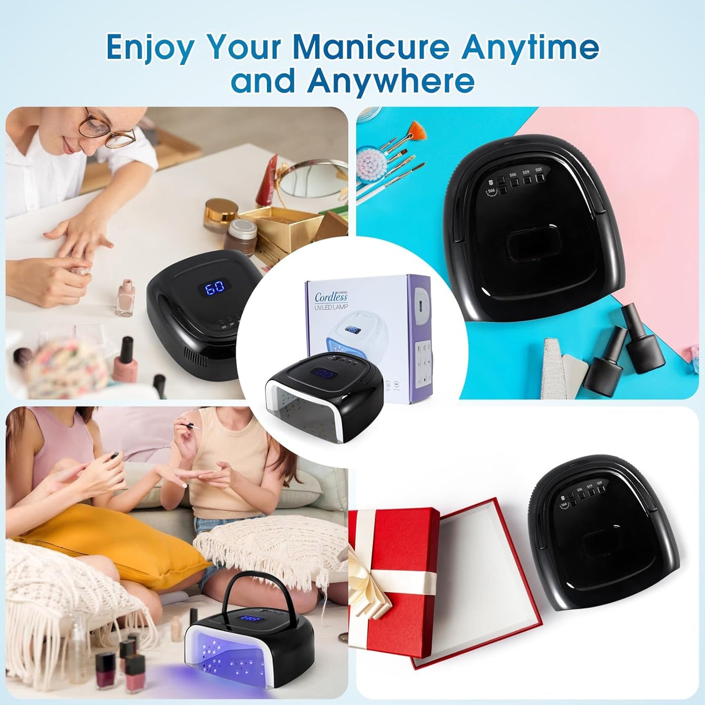 60W Rechargeable LED Nail Lamp, Cordless Gel Lamp with Portable Handle & 42pcs Lamp Beads, Automatic Sensor UV LED Nail Dryer, 4 Timers Professional UV Light for Gel Nails