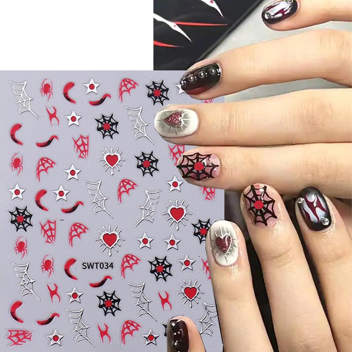 Spider Web Nail Stickers Halloween Nail Sticker for Nail Art 3D Self Adhesive Nail Decals Star Heart Water Drop Flame Design Spider Nail Art Stickers for Women DIY Salon Manicure 6 Sheet