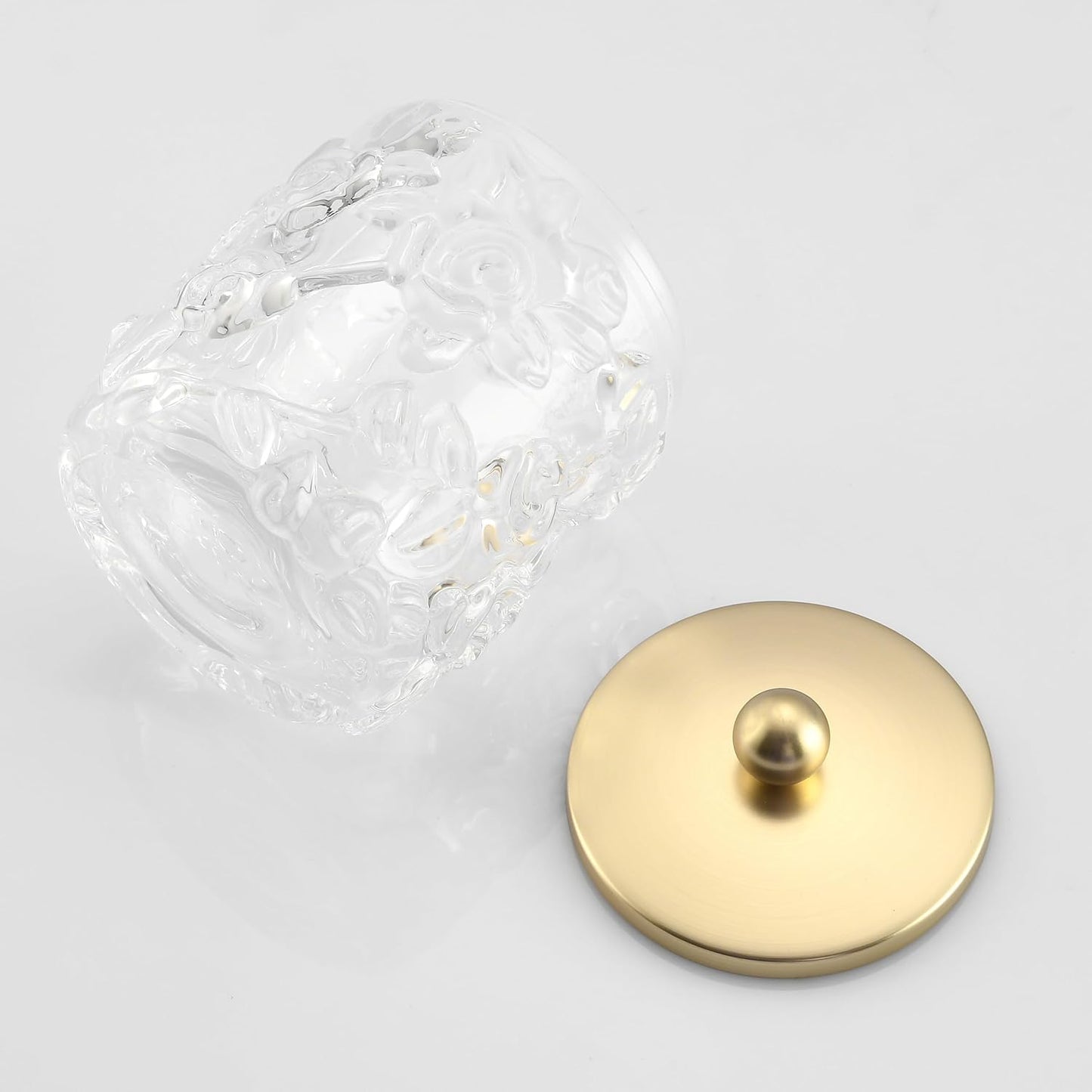 Home Glass Cotton Jar Holder Matte Gold Lid, Elegant Bathroom Storage Canister for Qtips, Cotton Balls, Floss, Makeup Organizer, Vanity Bathroom Organization