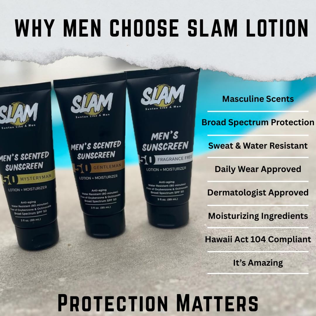 SLAM GentleMan Men's Sunscreen Lotion SPF 50 & Moisturizer – Face & Body Sunblock, Anti-Aging, Water-Resistant, Hawaii Act 104 Safe, Skincare for Men, Cologne Scented – 3 fl oz. each. Double pack.
