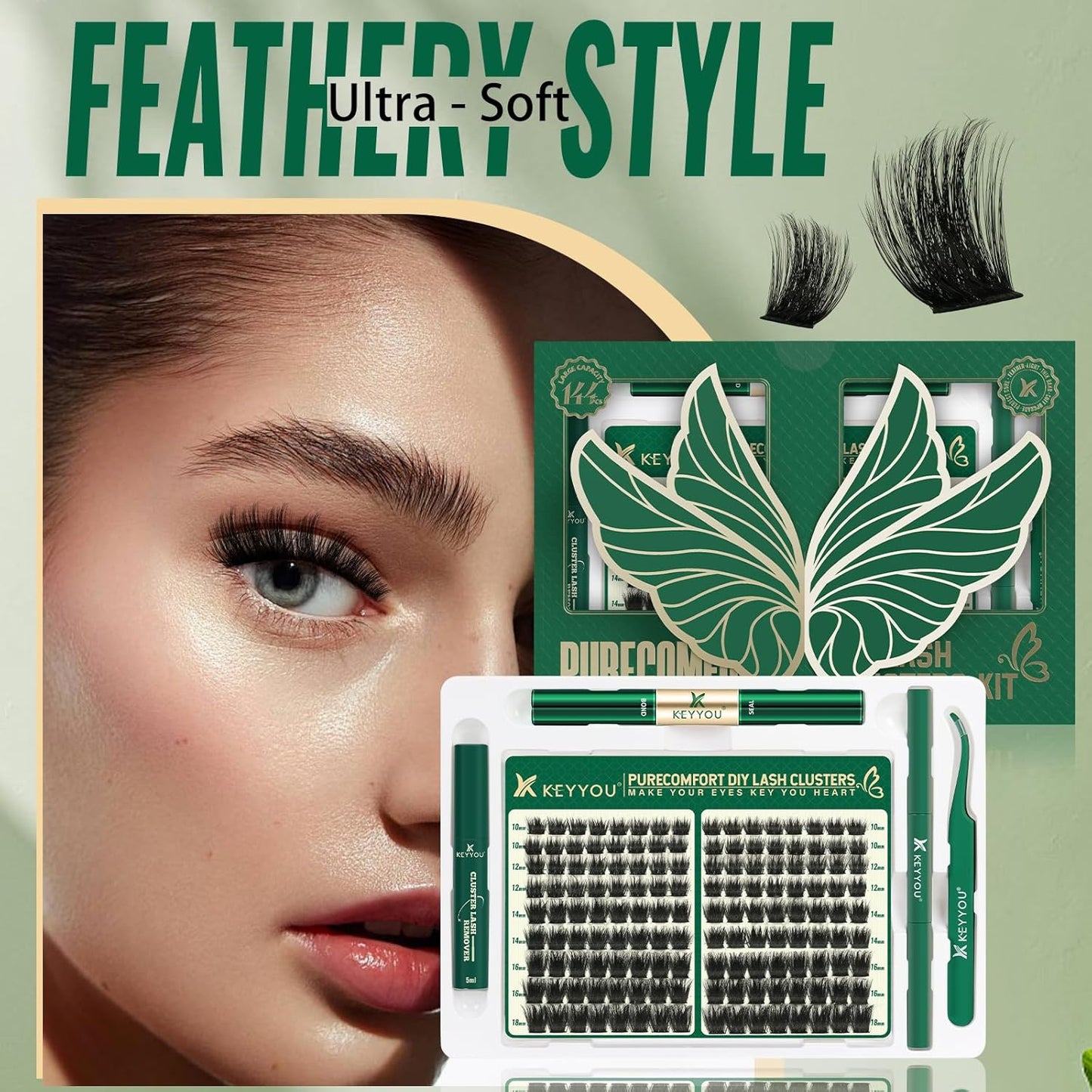 KEYYOU Lash Extension Kit 144pcs Thick Super Soft Lash Clusters with Lash Bond and Seal Lash Glue Remover Lash Applicator and Lash Brush Easy to DIY at Home(PC02-D-10-18MIX)