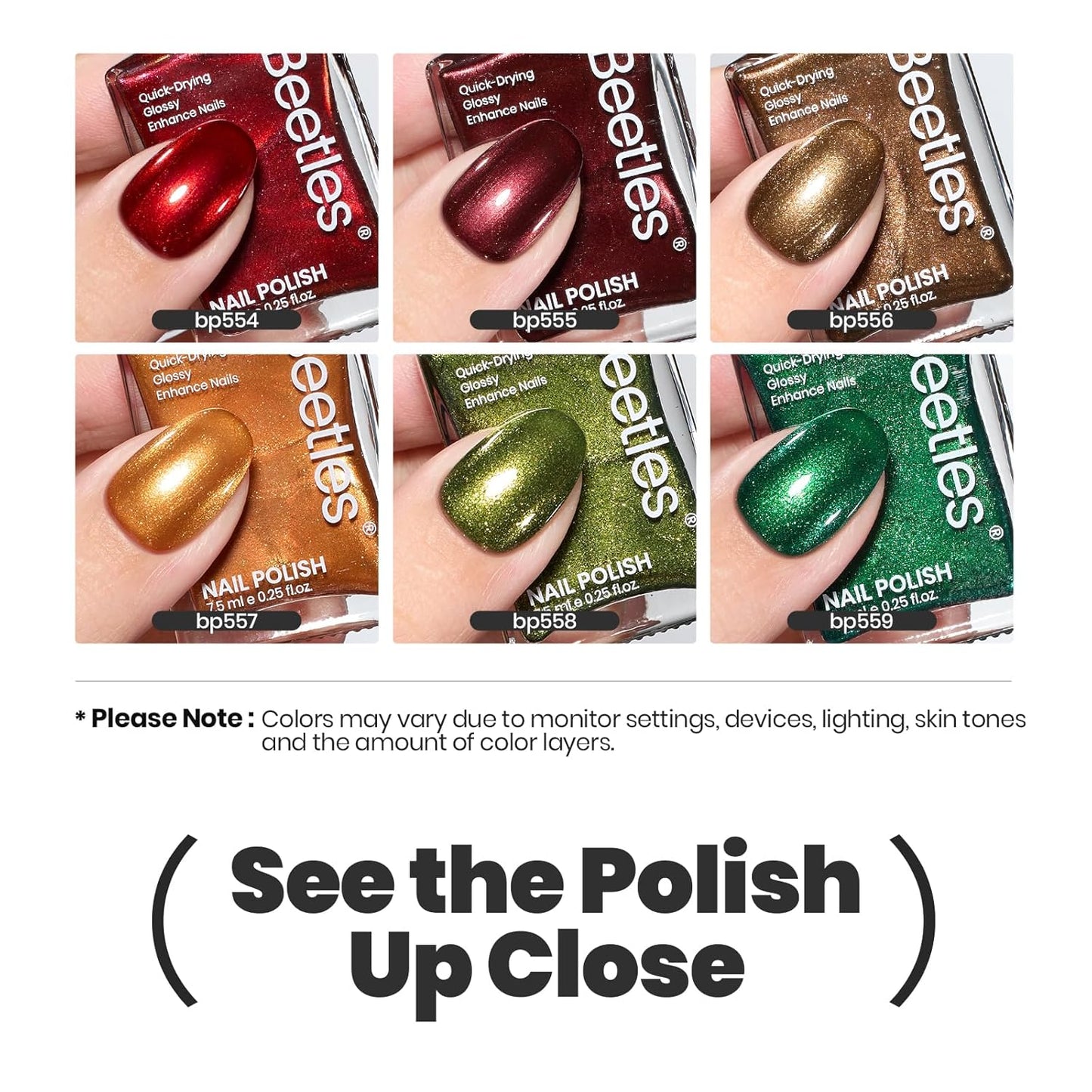 Beetles Fall Nail Polish Set - Glamour Era 6 Colors Quick Dry Glitter Burgundy Red Gold Green Yellow High-Gloss Long-Lasting Nail Polish for DIY At-Home Manicure Gift for Women