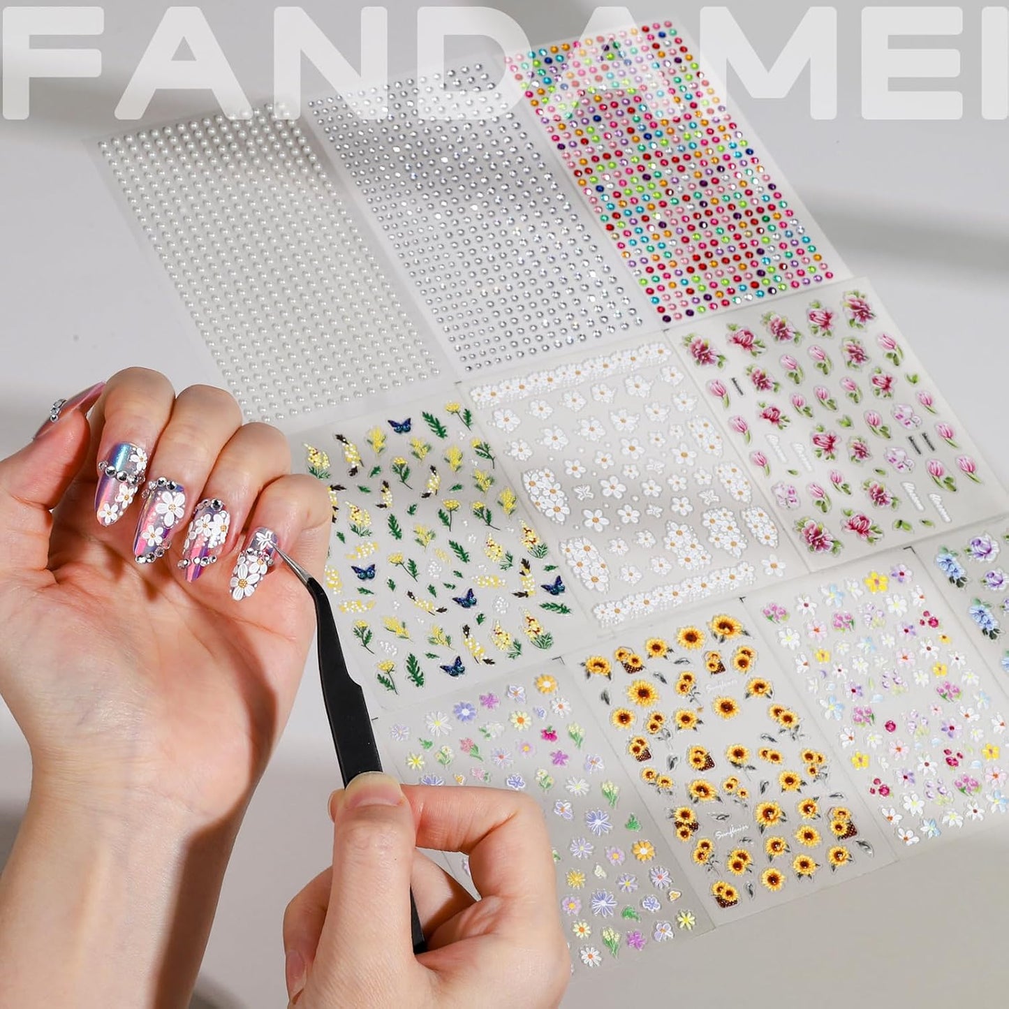 FANDAMEI Nail Decals, 7 Sheets 5D Embossed Flower Nail Stickers, Nail Stickers for Nail Art, 10 PCS Self-Adhesive Nail Art Sticker, Floral Nail Decorations for Girls, Women