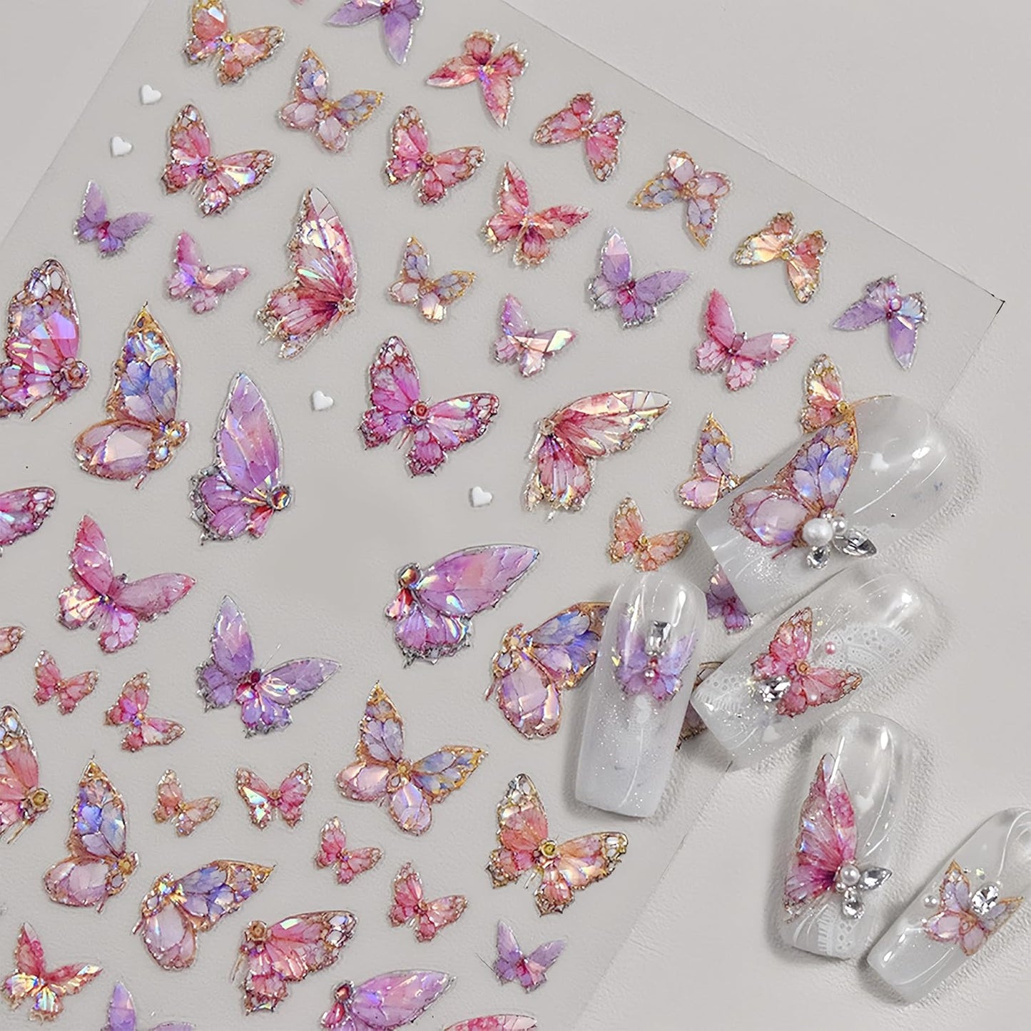 2 Sheets Butterfly Nail Art Stickers 5D Embossed Self-Adhesive Pink Aurora Sparkling Butterfly Nail Decals Designs for Women Girls DIY Nail Decoration