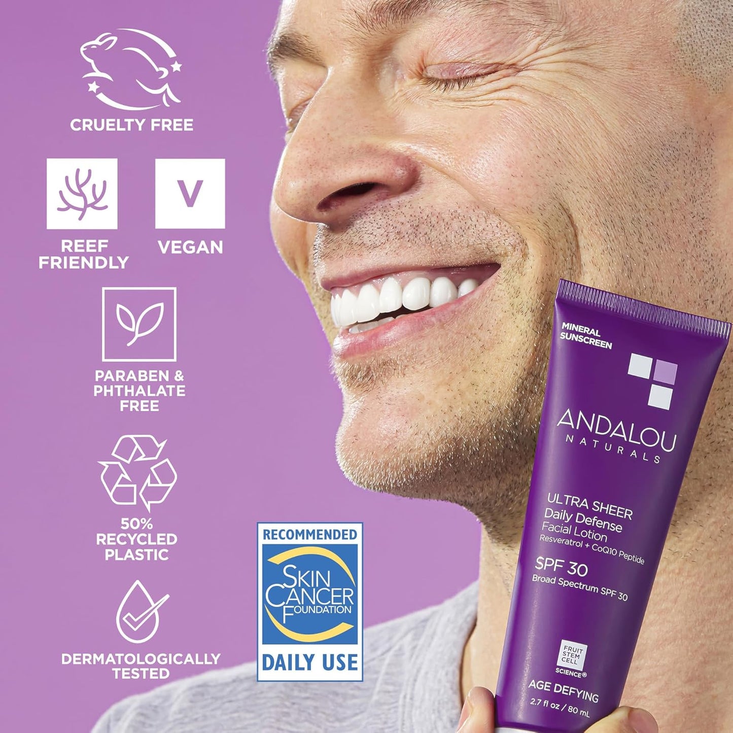 Andalou Naturals Age Defying Ultra Sheer Daily Defense Mineral Sunscreen SPF 30 | Face Lotion with Zinc Oxide | Lightweight Anti-Aging Sun Protection | 2.7 fl oz