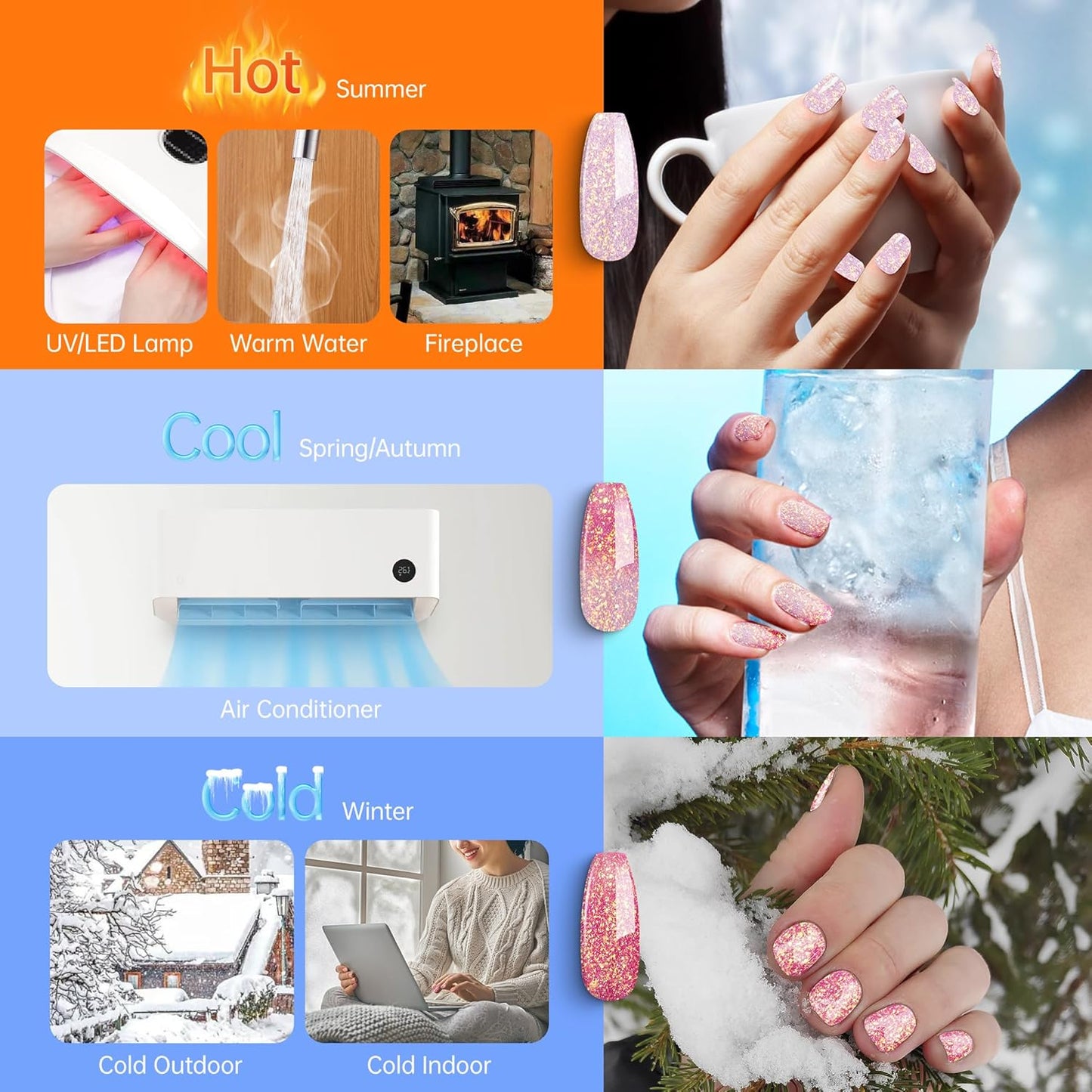 YTD Likomey Color Changing Gel Nail Polish,Brocade Glitter 15ml Light Pink To Peach Red Shimmer Glitter Mood Temperature Change Colors Iridescent Flakes Fall Winter Ombre Thermal UV Nail Gel,WB341