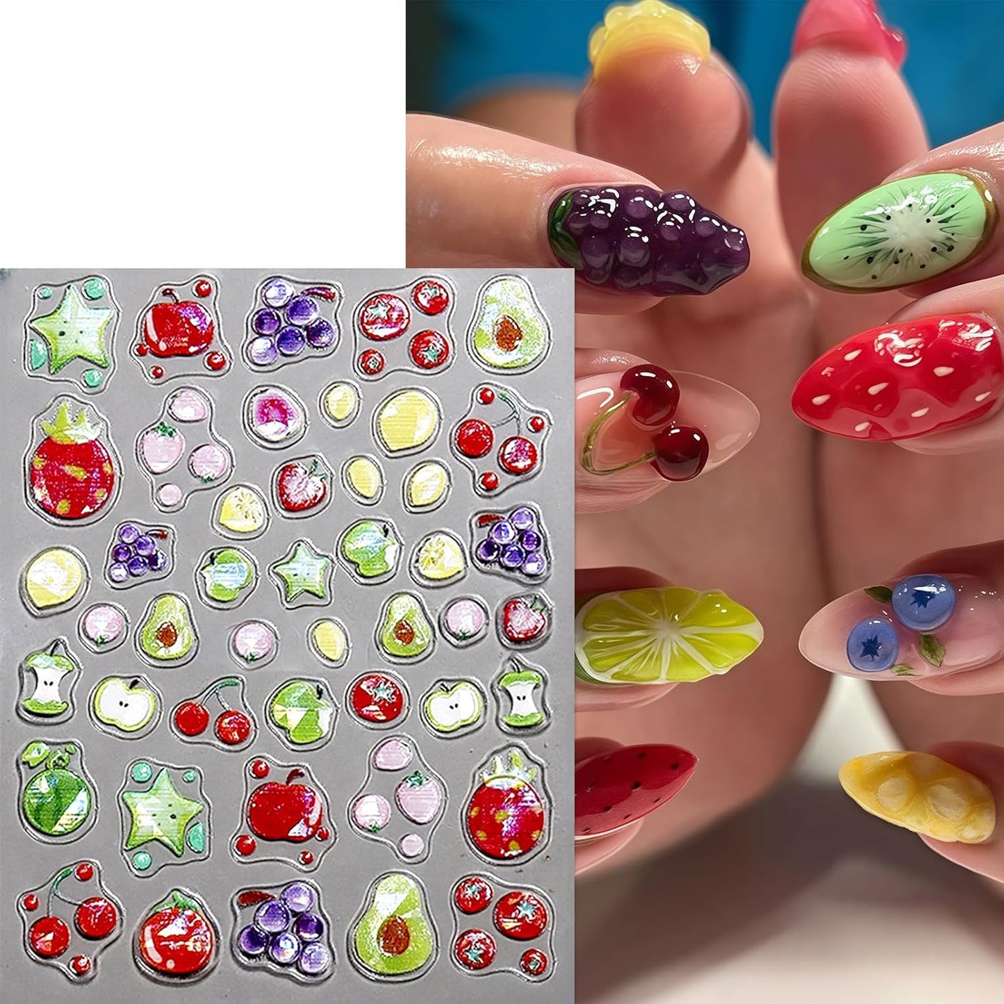 2Pcs Summer Fruit Lemon Nail Stickers for Nail Art Embossed 5D Self-Adhesive Pineapple Cherry Nail Decals Grapes Nail Art Stickers Apple Nails Sticker Strawberry Nail Design for Women DIY Nails Decor
