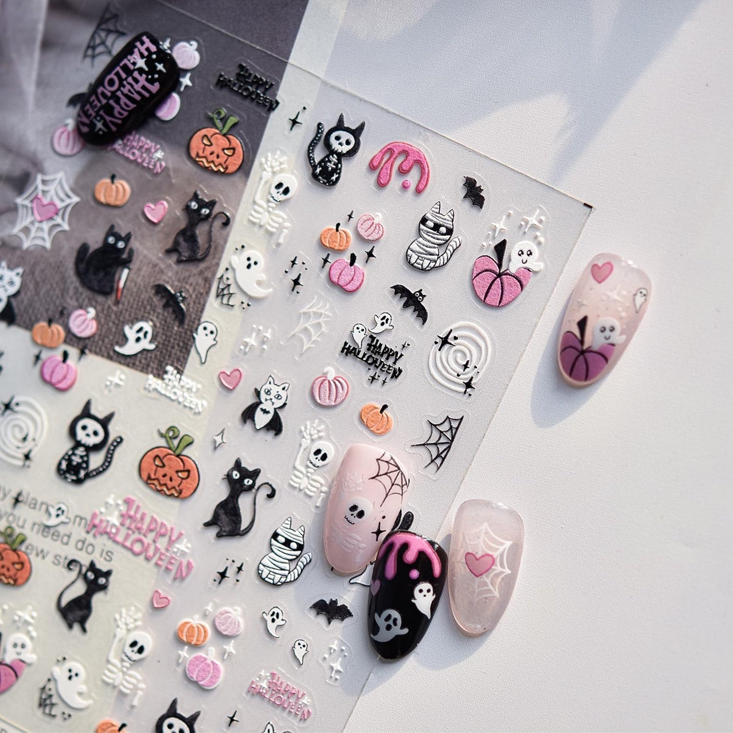 Halloween Nail Stickers for Nail Art Pink Black Cute Cat Skeletone Pumpkin Nail Art Stickers 5D Embossed Nail Decals 3D Self-Adhesive Nails Supply Manicure Sliders for Nails Decoration