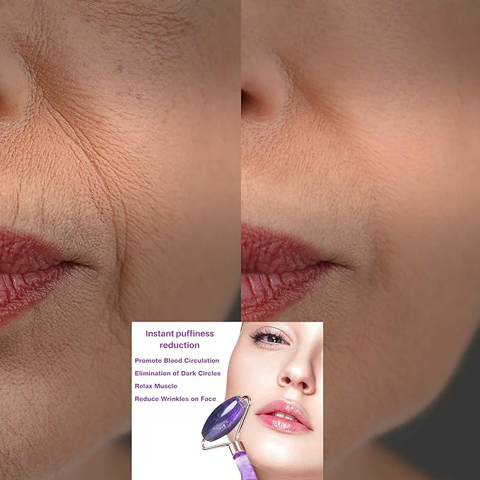 100% Authentic Amethyst Mother's day Gift Set Amethyst Eye Mask Amethyst Jade Roller & Gua Sha Set Facial Mask Instant Puffiness promote relaxation and relief stress.