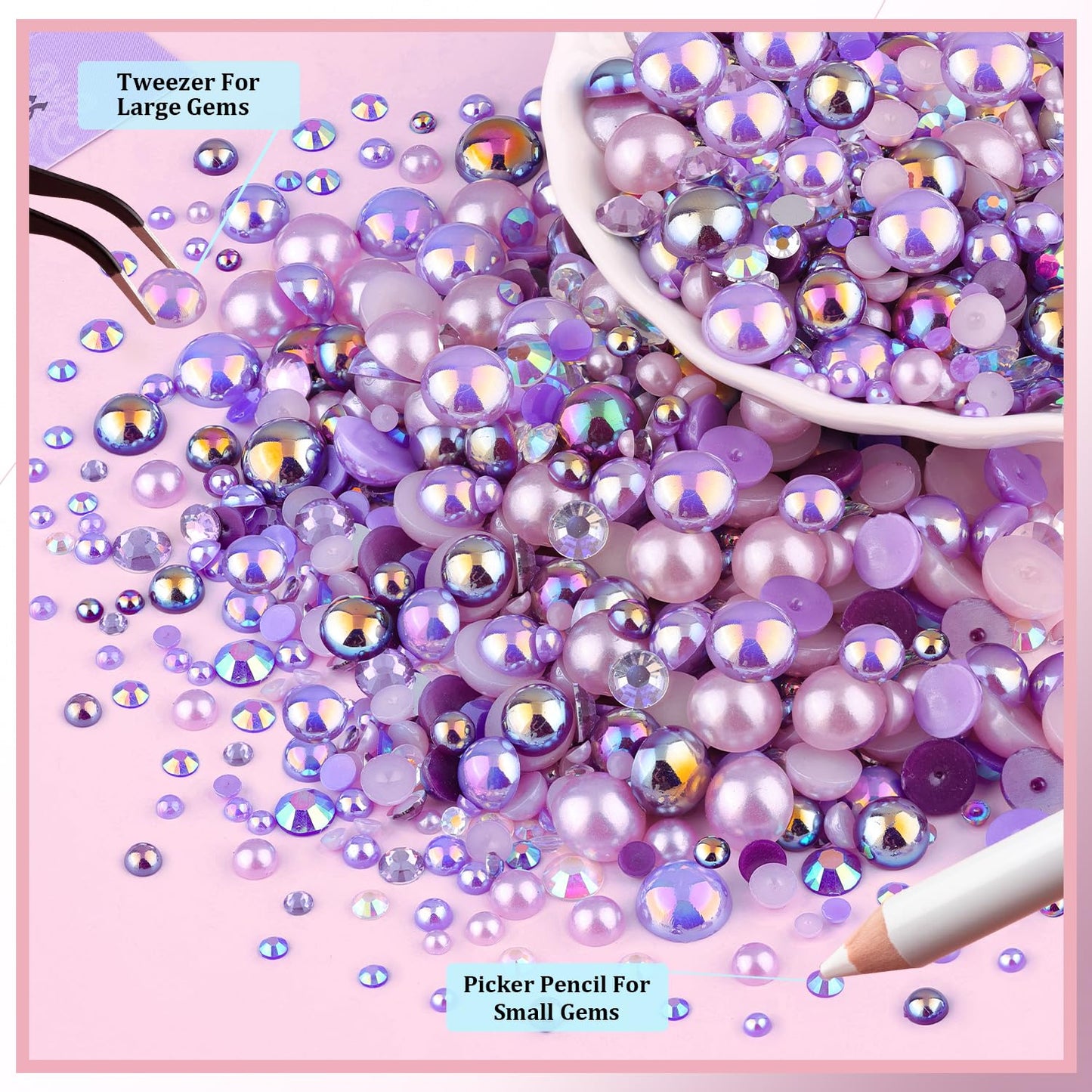 9000Pcs Flatback Pearls and Rhinestones for Crafting, Purple Series Mixed Size 3-8mm Resin Rhinestones and Half Pearls for Bedazzling, Nail Art and Decoration with 3pcs B7000 Jewelry Glue