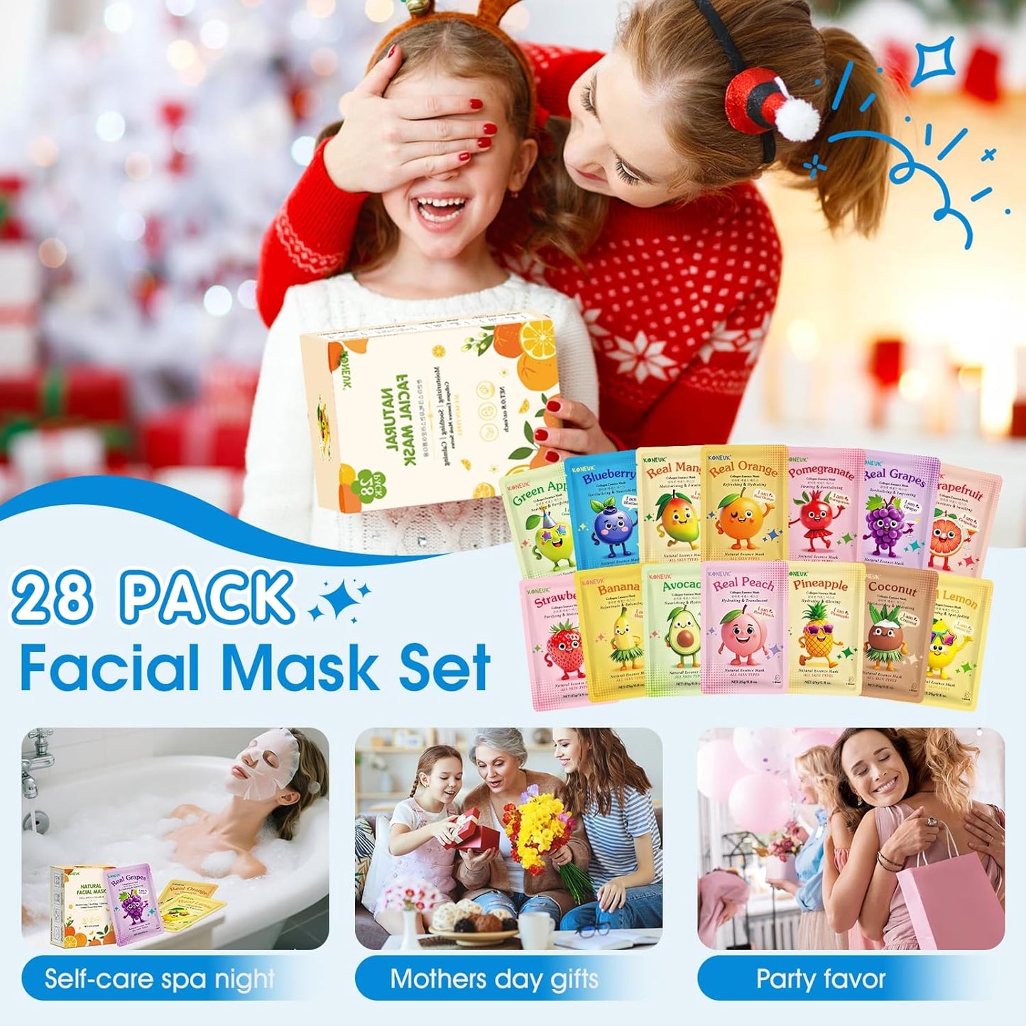 28 Pack Fruit Face Masks Skincare for Kids Girls, Sheet Collagen Face Mask for Women Skin Care, Bulk Hydrating Facial Mask for All Skin Types, Christmas Birthday Party Spa Gifts for Teens