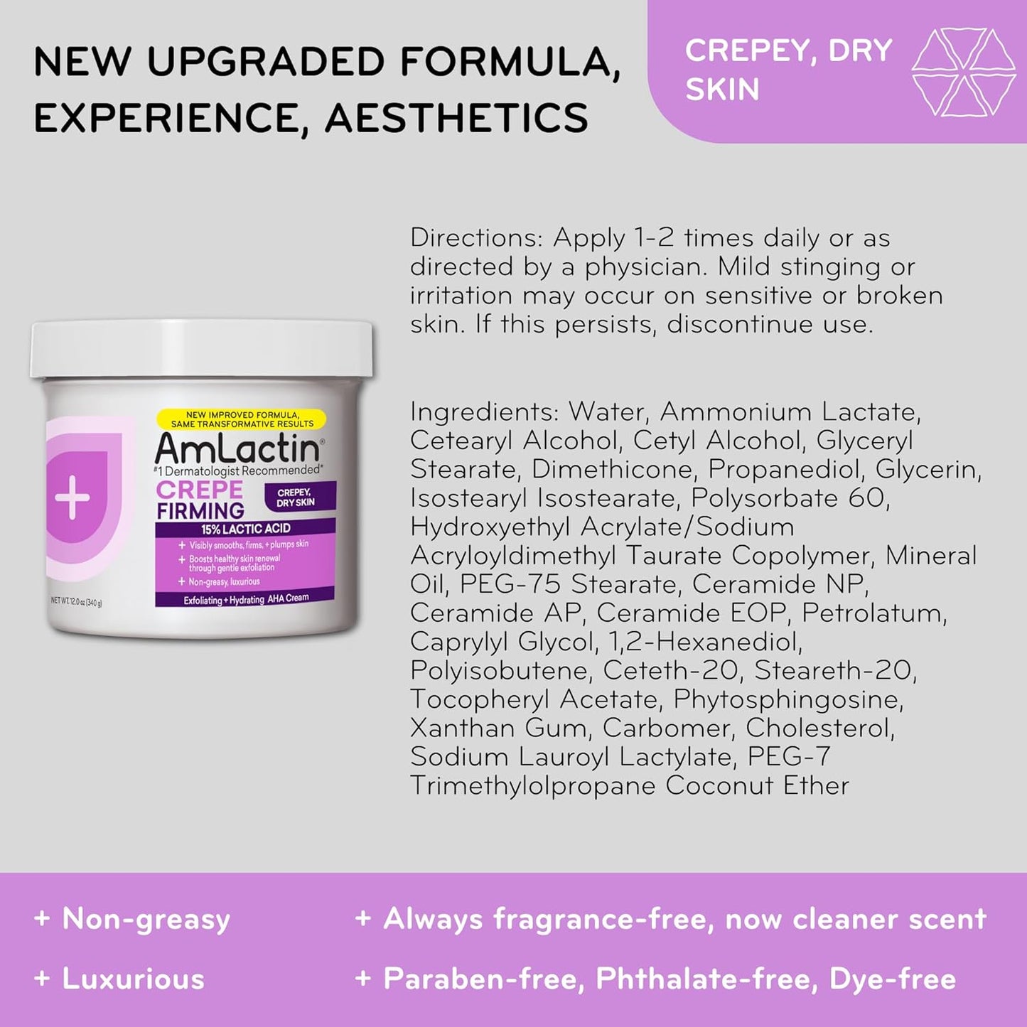 AmLactin Crepe Firming Cream - 12 oz Body Cream with 15% Lactic Acid - Exfoliator and Moisturizer for Crepey, Dry Skin (Packaging May Vary)