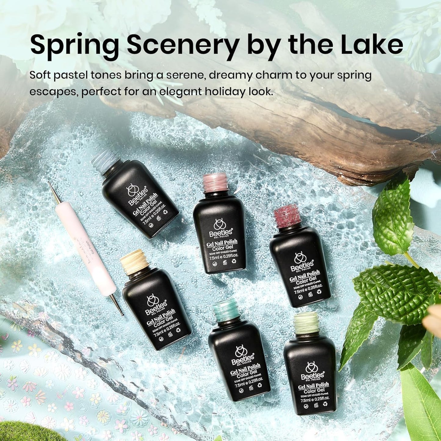 Beetles Pastel Gel Nail Polish - Spring Scenery By the Lake Gel Polish, 6 Colors Pink Green Yellow Drawing Swirl Shell Thread Effect Nails DIY Manicure Gifts for Women