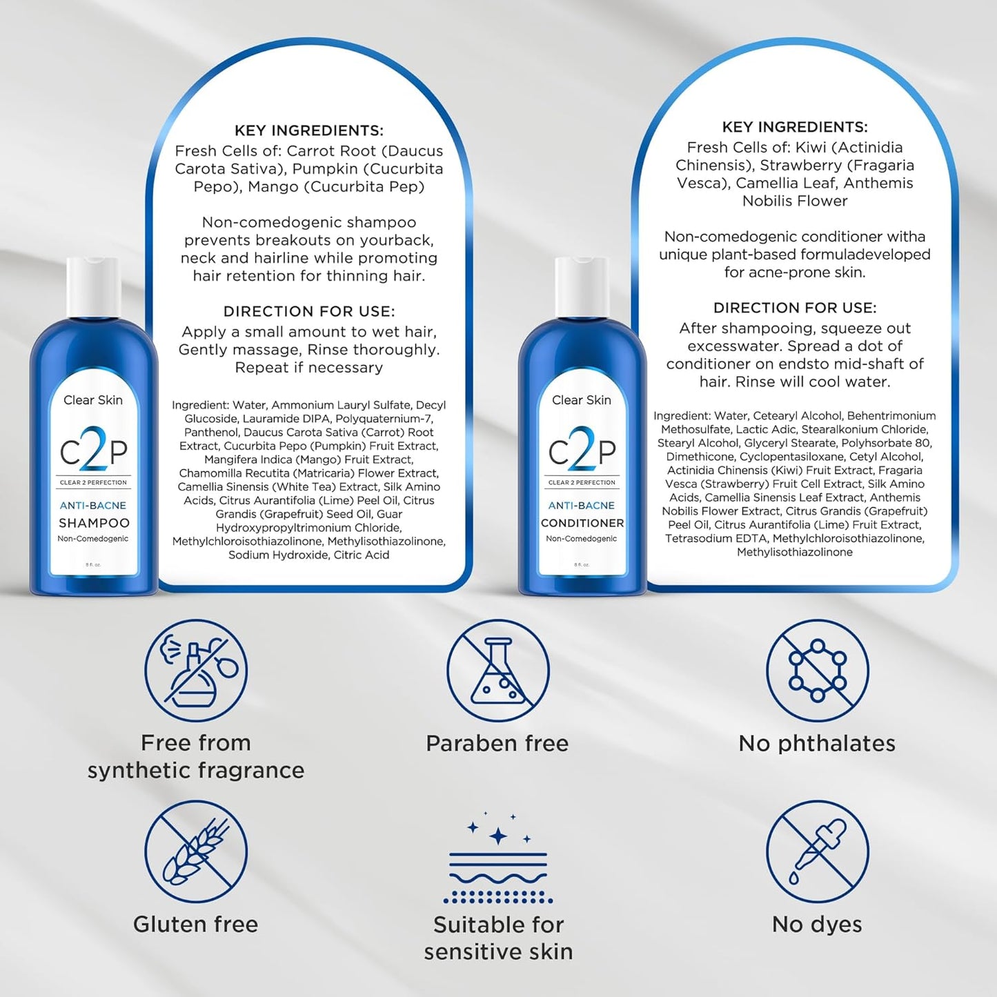 Non-Comedogenic Clear 2 Perfection Shampoo - Sulfate & Paraben-Free for Clear, Healthy Skin & Hair - Esthetician Formulated