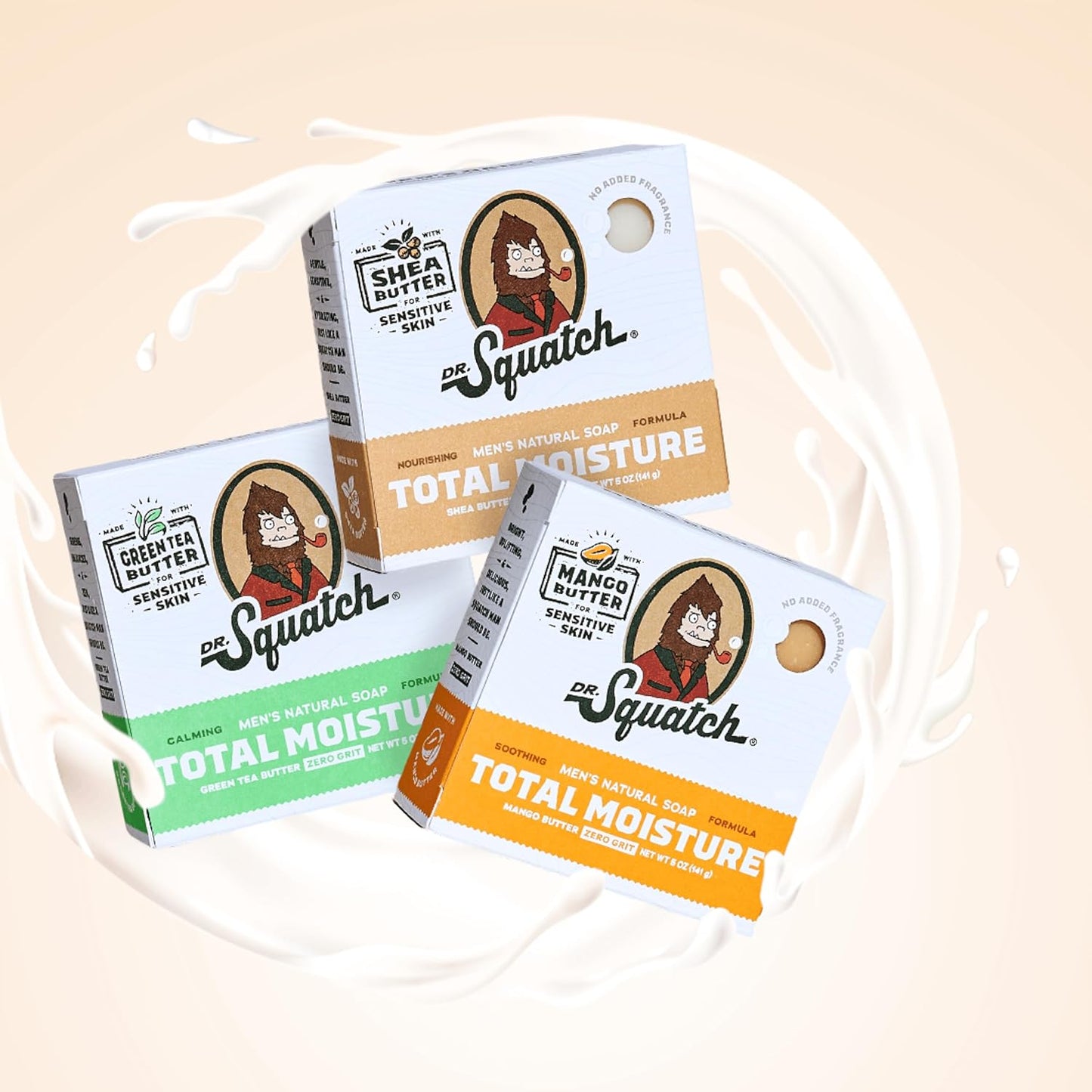 Dr. Squatch NEW Total Moisture Bar Soap for Men - No Added Fragrance Formulated for Sensitive Skin - Shea Butter, Mango Butter & Green Tea Butter (5 oz, 6-pack)