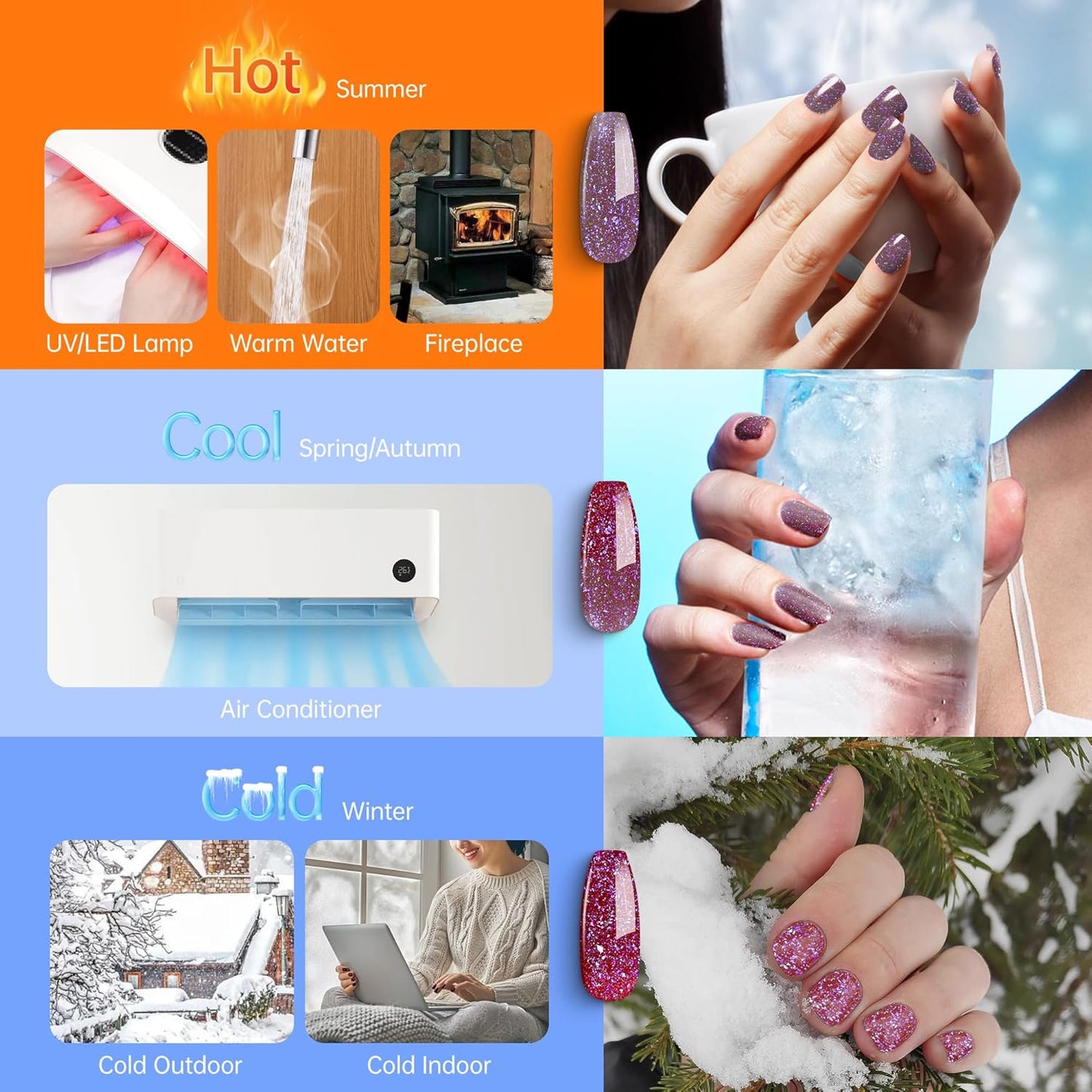 YTD Likomey Brocade Glitter Color Changing Gel Nail Polish,15ml Light Purple To Jujube Red Shimmer Mood Temperature Change Colors Iridescent Flakes,Fall Winter Thermal UV Nail Gel,WB340