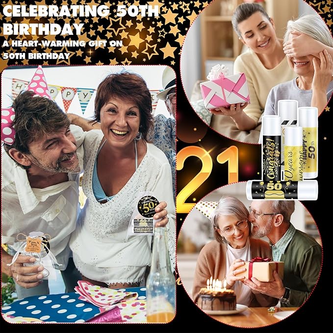 50 Sets Birthday Favors Lip Balm Gifts Bulk Moisturizing Lip Balm with 50 Organza Drawstring Gift Bag 50 Tags Birthday Party Supplies Gifts Bulk for Men and Woman (50th Birthday)