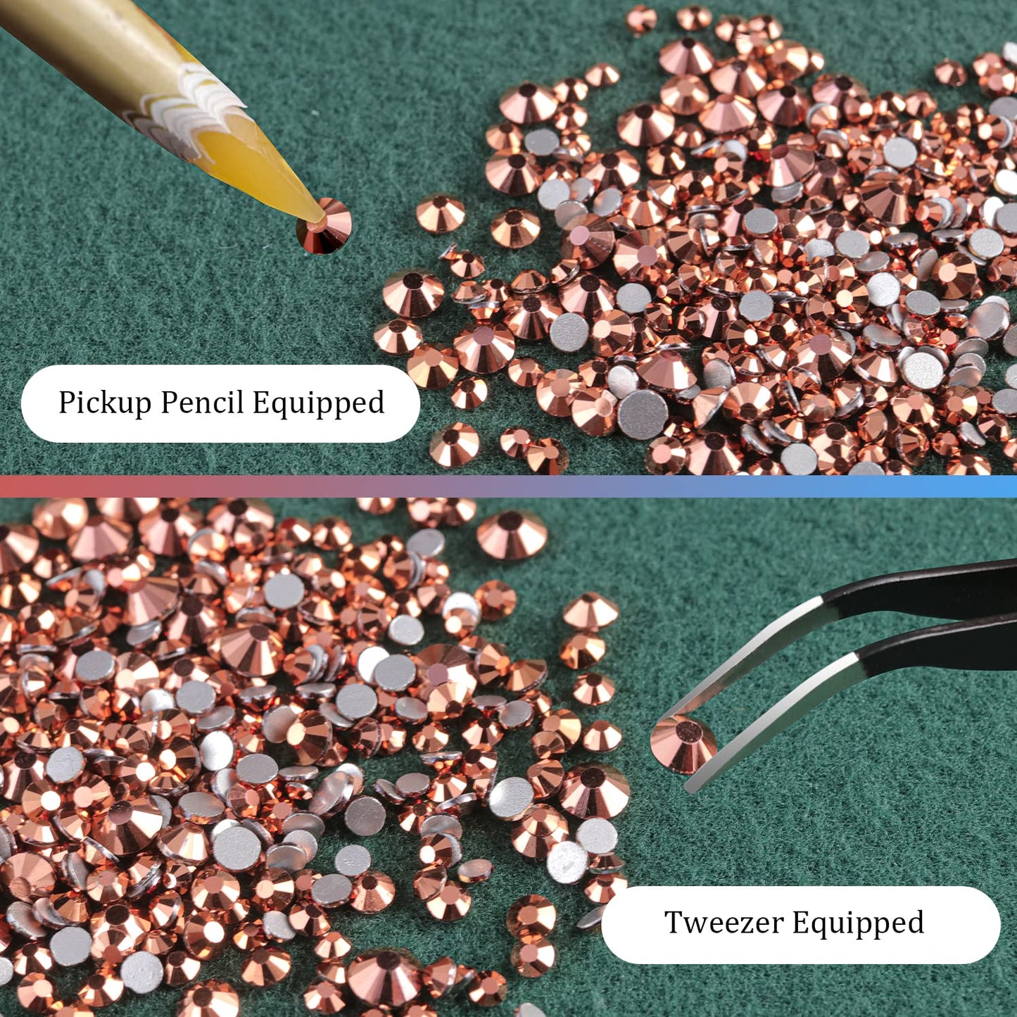 6 Sizes Rose Gold Glass Crystal Kit with Pickup Pen + Tweezer Tools for Shine Nail Art Manicure Makeup DIY Decoration Flatback Round Rhinestone Gem Jewelry Diamond