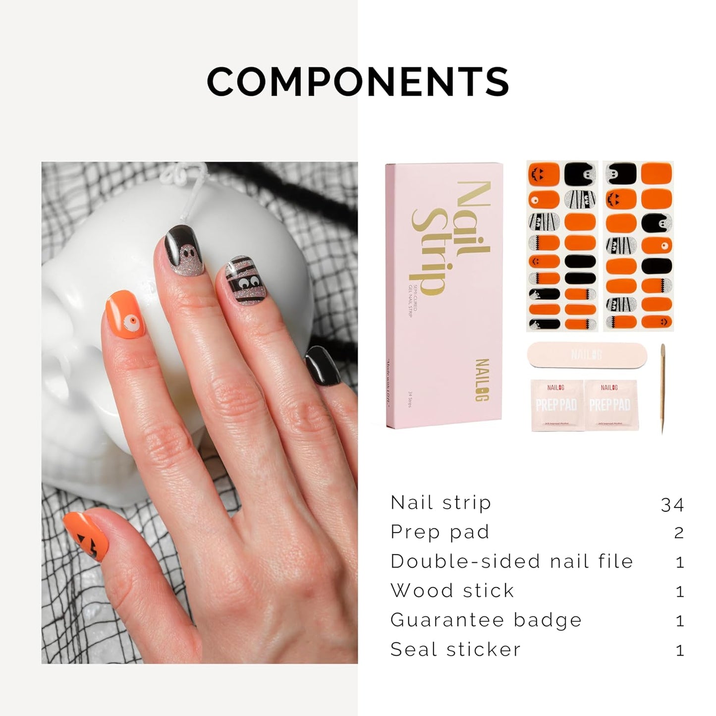 NAILOG Semi Cured Gel Nail Strips 34 pcs| Buy 2 Get 1 UV Lamp | Long Lasting Nail Polish Sticker Wraps with Glossy Gel Finish, Tricks or Treats