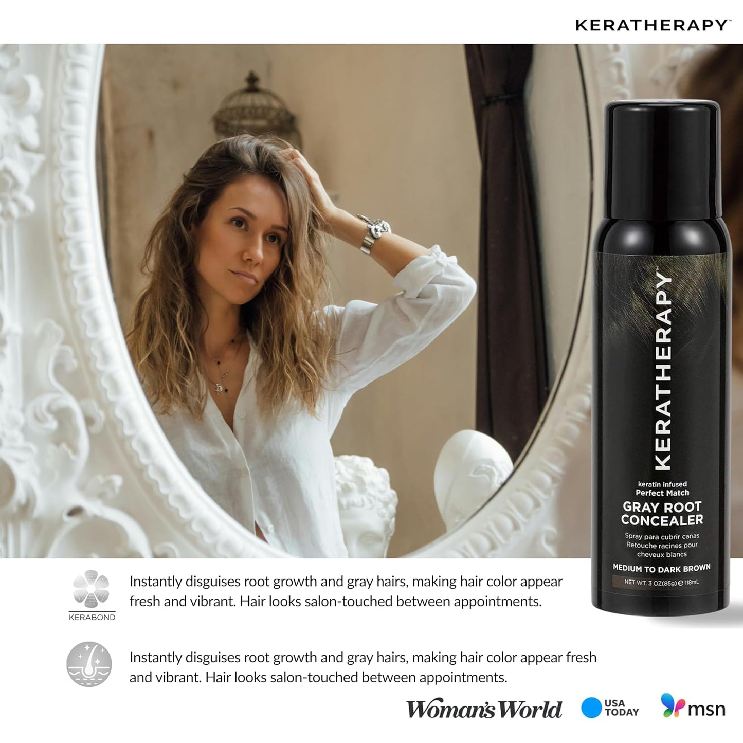 Keratherapy Keratin Infused Perfect Match Gray Root Concealer Spray, Dark Brown, 3 oz, 118 ml - Root Cover Up Spray to Hide Gray Roots - Keratin Therapy Hair Darkening & Temporary Scalp Concealer