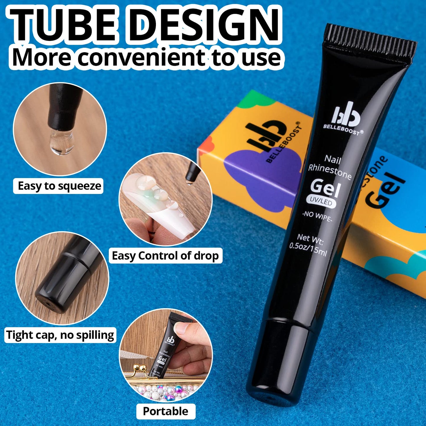 Nail Art Rhinestone Glue Gel&2 Boxes Flatback Gems Kit, 1 Tube of 15ml Rhinestone Gel Glue(UV/LED Needed)+Crystal AB Gems+Flat-Back Round Glass Clear Gemstones with Pickup Tools