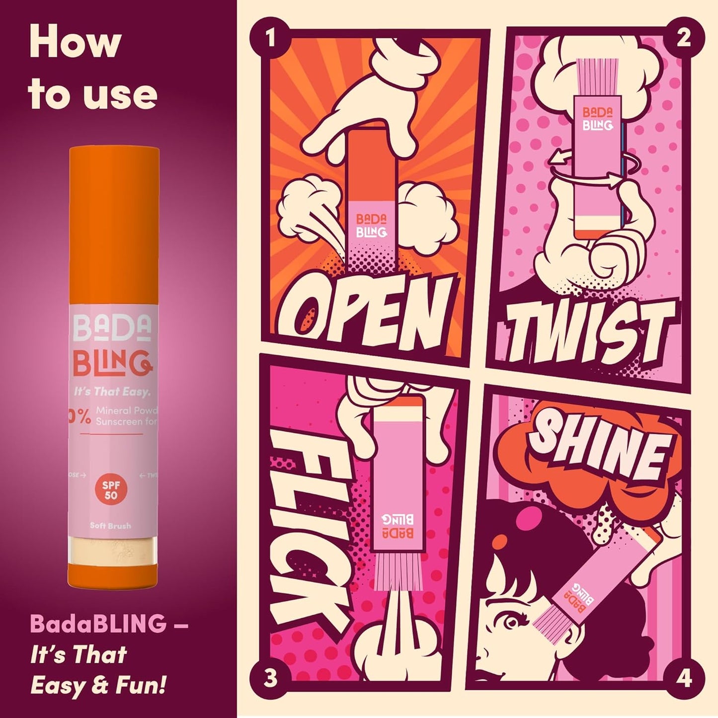 Bada Boom Bada Bling Shimmer Mineral Translucent Sunscreen Powder, Brush on SPF 50 and Sparkles