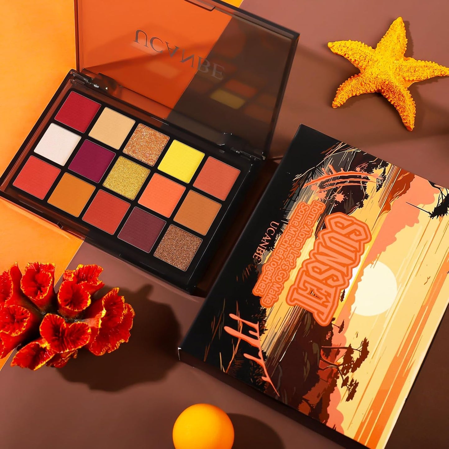 UCANBE Orange Eyeshadow Makeup Palette, 15 Colors Vibrant Shimmer Matte Glitter Eye Shadow Pallet, High Pigmented Warm Yellow Sunset Red Coral for Fall Cosplay Halloween Costume Parties Pumpkin Makeup