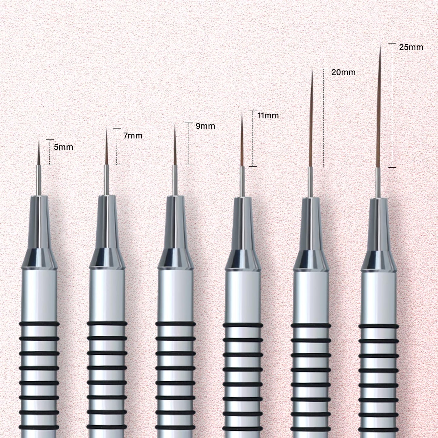 Metallic Nail Art Brushes, 6Pcs Non Slip Liner Brush Set, UV Gel Polish Painting Art Design Pen for Long Lines, Thin Details, Fine Drawing Sizes 5/7/9/11/20/25mm(Silver)