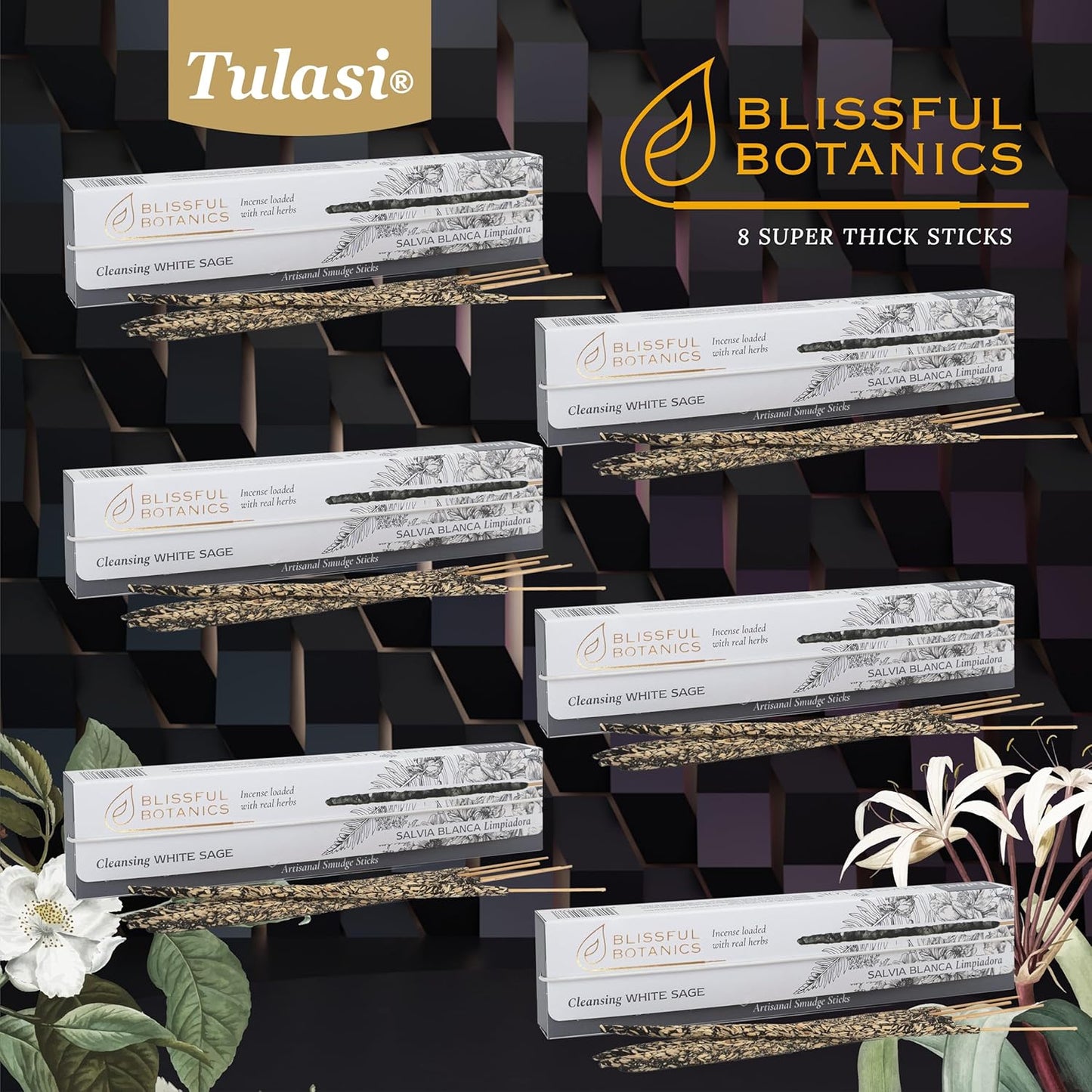 Tulasi White Sage Smudge Incense Sticks Pack – 48 Natural Smudge Sticks (6 Boxes x 8), Long Burning (55 Min), Aromatherapy, Spiritual Cleansing, Meditation, Mood Lifting, Air Purifying Incense