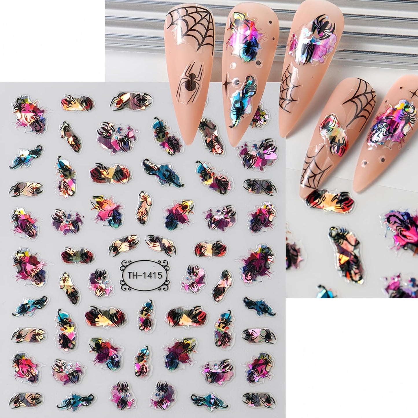6 Sheets Halloween Colorful Nail Art Stickers 3D Glitter Spider Web Spider Nail Stickers Black Bat Scorpion Designs Nail Decals Shiny Red Rose Nail Decals for Women Halloween Party Nail Decor Kits