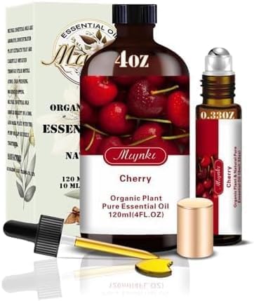 Cherry Essential Oil, Roll-on Cherry Oil Sets (4 Fl Oz + 0.33 Fl Oz) - 100% Natural, Diffuser, Massage, Yoga, DIY Soap and Candle Making - Home Fragrance, Fragrance Oils, Gifts, Spa Care