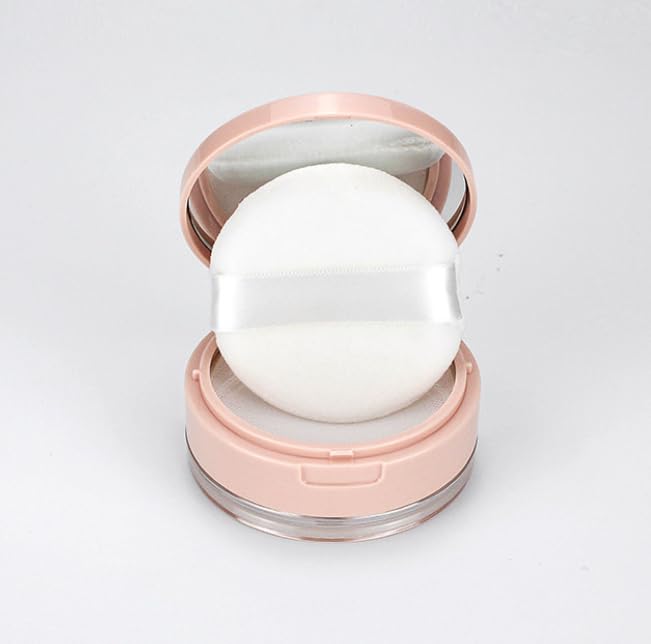 Loose Powder Cocntainer No Leaks Empty Reusable Plastic Loose Powder Compact Container Makeup Powder Case with Sponge Powder Puff,Elasticated Net Sifter and Pink Threaded Screw Lid