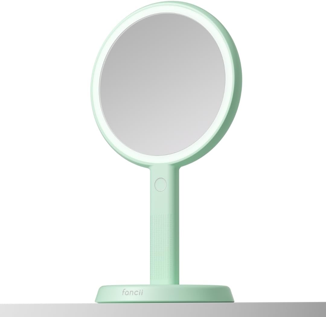 Fancii Cami Handheld Travel Makeup Mirror with Lights, Rechargeable, Extra Large, Double Sided 5X / 1X Magnifying Mirror - 3 Color Lighting, Handheld or Vanity (Pistachio)