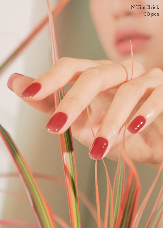 ohora Semi Cured Gel Nail Strips (N Tint Brick) - Red, Tint, Works with Any UV/LED Lamps, Salon-Quality, Long Lasting, Easy to Apply & Remove - Includes 2 Prep Pads, Nail File & Wooden Stick