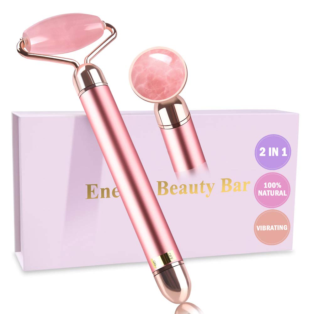 Upgrade 2 in 1 Vibrating Jade Facial Massager Roller, Electric Rose Quartz Eye Face Roller to Press Skin Cream Oil for Anti-Aging Reducing Wrinkles and Glowing Youthful Skin Tone