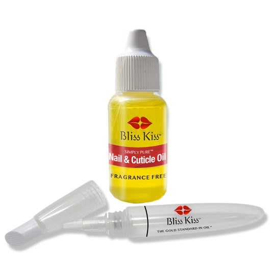 Bliss Kiss Refillable Cuticle Nail Oil Pen with Brush and Simply Pure Cuticle Oil for Nails 15 ml Bottle Bundle - Fragrance Free